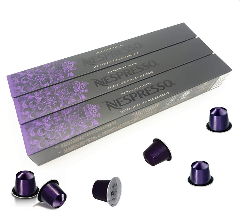 Pack de 30 Cápsulas Nespresso Arpeggio. Un café espresso intenso y cremoso de nivel 9, con un tueste potente y exquisitas notas a cacao y madera. Un clásico infalible. Nespresso - detalle