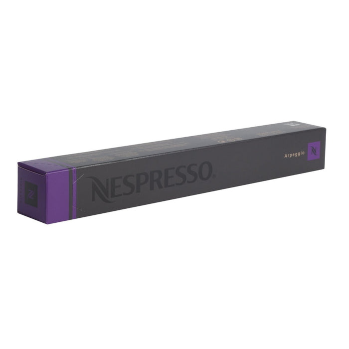 Pack de 30 Cápsulas Nespresso Arpeggio. Un café espresso intenso y cremoso de nivel 9, con un tueste potente y exquisitas notas a cacao y madera. Un clásico infalible. Nespresso - presentacion