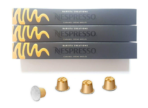 Pack de 30 cápsulas Nespresso Barista Creations Caramel Crème Brûlée. Café aromatizado con notas de caramelo, vainilla y coco. Ideal para recetas con leche. Compatible con sistema Original. Nespresso - frontal