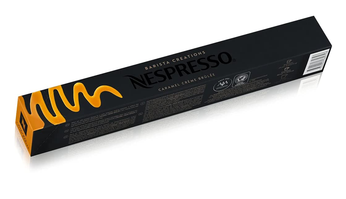 Pack de 30 cápsulas Nespresso Barista Creations Caramel Crème Brûlée. Café aromatizado con notas de caramelo, vainilla y coco. Ideal para recetas con leche. Compatible con sistema Original. Nespresso - pack