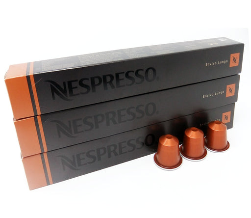 Pack de 30 Cápsulas Nespresso Envivo Lungo. Un café largo e intenso de nivel 9, con un carácter potente y notas a caramelo y pan de jengibre. Para cafeteras Original. Nespresso - frontal
