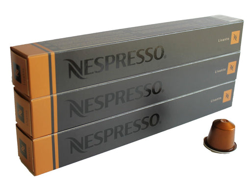 Pack de 30 cápsulas Nespresso Livanto, un espresso equilibrado de intensidad media (6/13) con notas a cereal y caramelo. Café 100% Arábica de tueste natural para cafeteras Original. Nespresso - pack