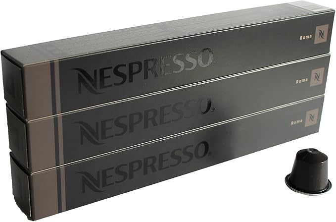 Pack de 30 Cápsulas Nespresso Original Roma. Café Espresso Equilibrado de Intensidad 8 con Notas a Cereal Tostado y Amaderadas. Compatible con cafeteras Nespresso OriginalLine. Para espresso. Nespresso - frontal