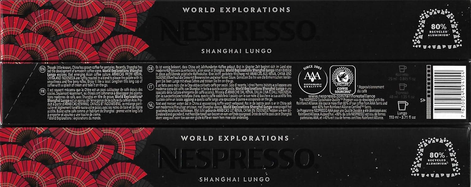 Pack de 30 Cápsulas Nespresso Original Shanghai Lungo, un café de tueste claro con notas afrutadas y exóticas. Perfectamente compatible con tu cafetera Nespresso Original. Nespresso - frontal