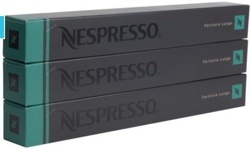 Pack de 30 Cápsulas Nespresso Original Stockholm Fortissio Lungo. Café largo e intenso de intensidad 8, rico y con notas de malta dulce. Para cafeteras Nespresso OriginalLine. Tres estuches. Nespresso - frontal
