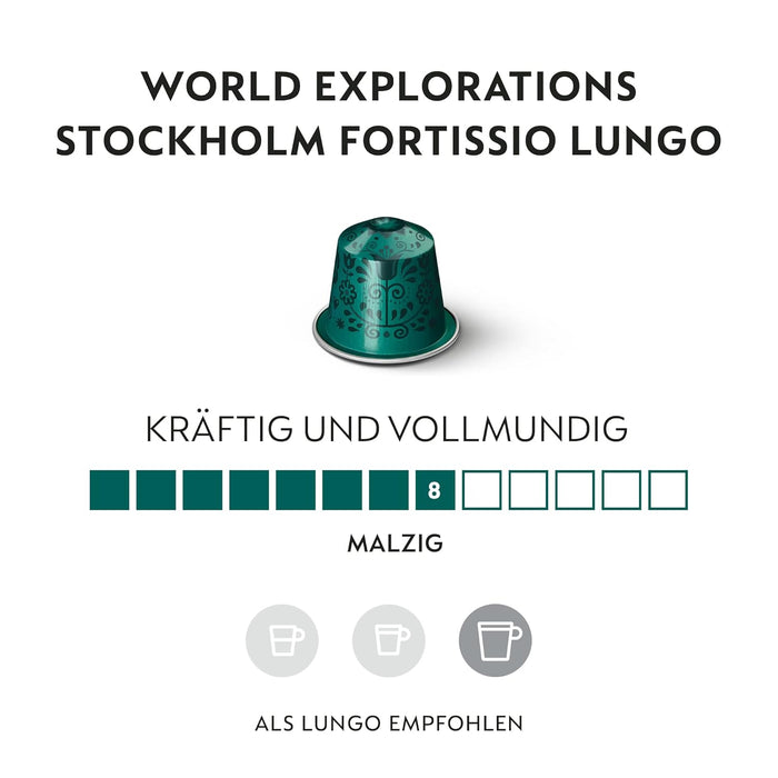 Pack de 30 Cápsulas Nespresso Original Stockholm Fortissio Lungo. Café largo e intenso de intensidad 8, rico y con notas de malta dulce. Para cafeteras Nespresso OriginalLine. Tres estuches. Nespresso - ingredientes