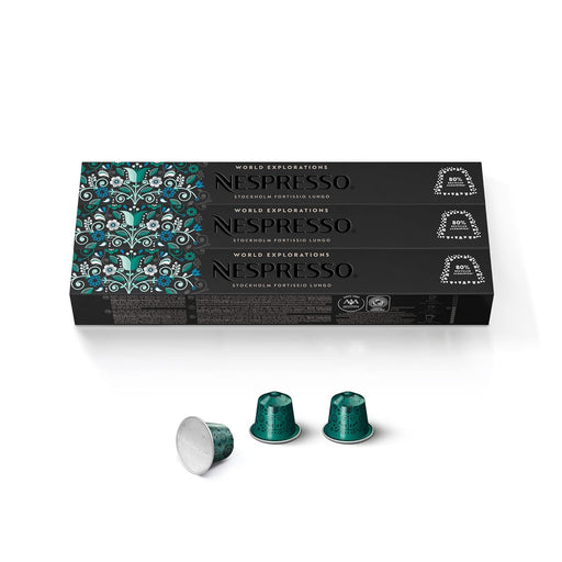 Pack de 30 Cápsulas Nespresso Original Stockholm Fortissio Lungo. Café largo e intenso de intensidad 8, rico y con notas de malta dulce. Para cafeteras Nespresso OriginalLine. Tres estuches. Nespresso - pack