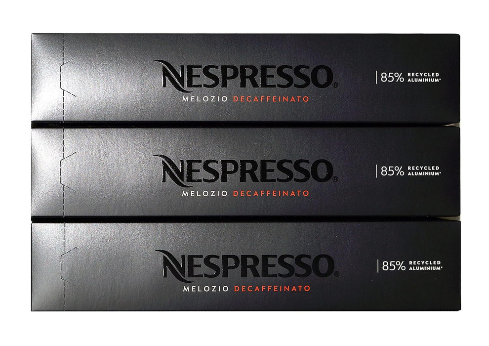 Pack de 30 Cápsulas Nespresso Vertuo Melozio Decaffeinato. Disfruta del mismo sabor suave y equilibrado con notas a cereal y dulzura de miel, ahora sin cafeína, para tu taza de 230 ml. Nespresso - frontal
