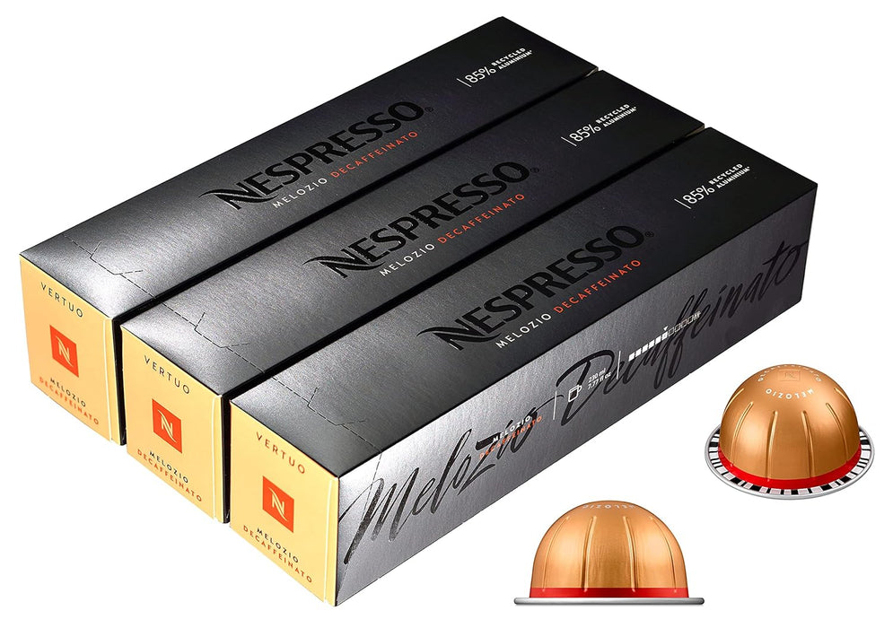 Pack de 30 Cápsulas Nespresso Vertuo Melozio Decaffeinato. Disfruta del mismo sabor suave y equilibrado con notas a cereal y dulzura de miel, ahora sin cafeína, para tu taza de 230 ml. Nespresso - pack