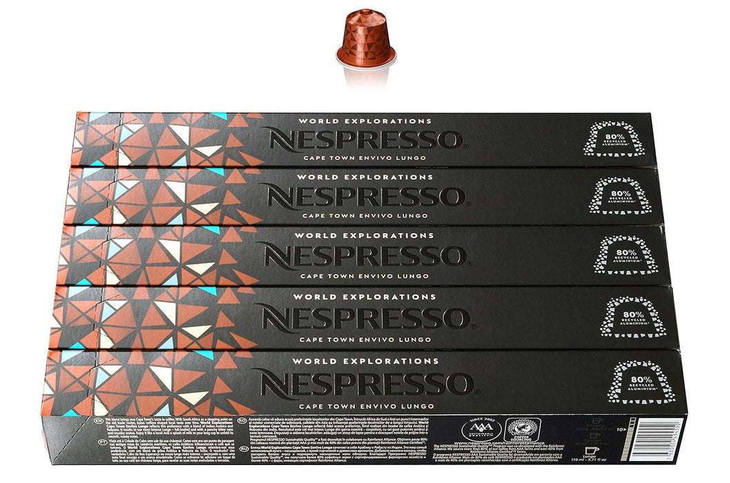 Pack de 50 cápsulas de café Nespresso Cape Town Envivo Lungo. Un Lungo intenso y con cuerpo, con notas amaderadas y un toque especiado. Intensidad 10. Nespresso - frontal