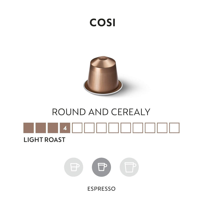 Pack de 50 cápsulas de café Nespresso Cosi. Un espresso de tueste ligero y cuerpo delicado, con refrescantes notas cítricas y de cereal. Intensidad 4. Nespresso - detalle