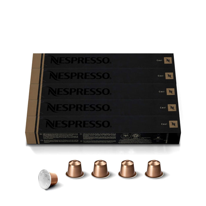 Pack de 50 cápsulas de café Nespresso Cosi. Un espresso de tueste ligero y cuerpo delicado, con refrescantes notas cítricas y de cereal. Intensidad 4. Nespresso - frontal