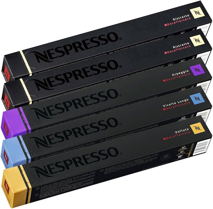 Pack de 50 Cápsulas de Café Nespresso Descafeinado Surtido. Incluye 3 variedades para sistema Original: 20 Ristretto Decaffeinato, 20 Volluto Decaffeinato y 10 Arpeggio Decaffeinato. Nespresso - frontal
