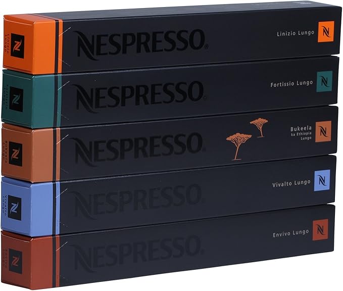 Pack de 50 Cápsulas de Café Nespresso Lungo Original. Surtido de 5 variedades para taza larga (110ml): Envivo, Vivalto, Linizio, Fortissio y Bukeela. Nespresso - frontal