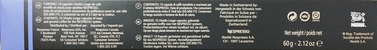 Pack de 50 Cápsulas de Café Nespresso Lungo Original. Surtido de 5 variedades para taza larga (110ml): Envivo, Vivalto, Linizio, Fortissio y Bukeela. Nespresso - lateral