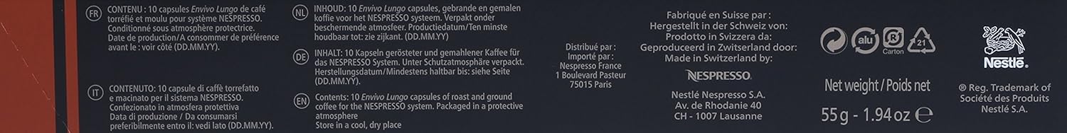 Pack de 50 Cápsulas de Café Nespresso Lungo Original. Surtido de 5 variedades para taza larga (110ml): Envivo, Vivalto, Linizio, Fortissio y Bukeela. Nespresso - pack