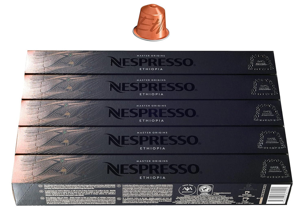 Pack de 50 cápsulas de café Nespresso Master Origin Ethiopia. Café 100% Arábica de tueste natural y secado al sol para un sabor único, ideal para Lungo 110ml. Nespresso - frontal