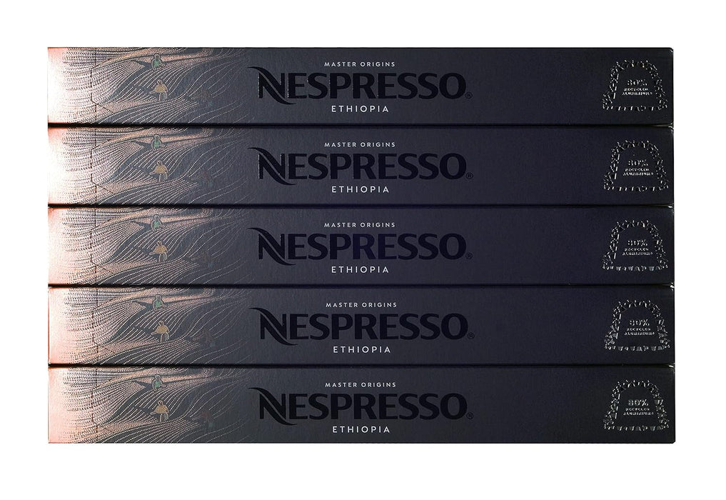 Pack de 50 cápsulas de café Nespresso Master Origin Ethiopia. Café 100% Arábica de tueste natural y secado al sol para un sabor único, ideal para Lungo 110ml. Nespresso - pack