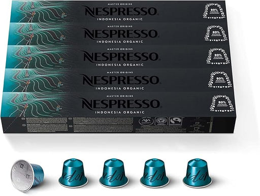 Pack de 50 cápsulas de café Nespresso Master Origin Indonesia Orgánico. Un Arábica de origen único con cuerpo, notas amaderadas y certificado ecológico. Intensidad 8. Nespresso - frontal
