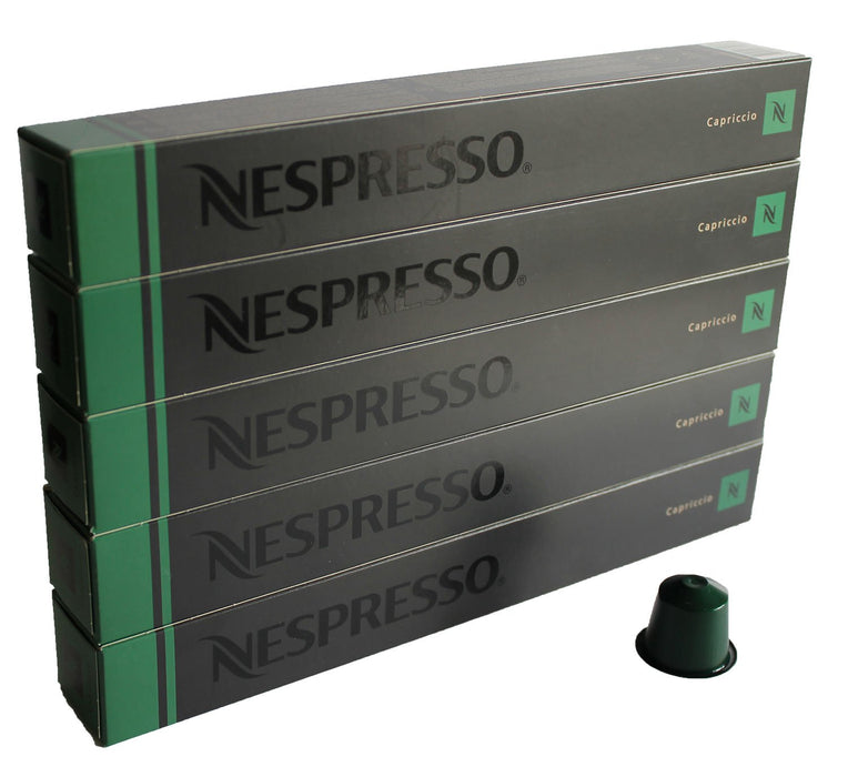 Pack de 50 cápsulas de café Nespresso Original Capriccio. Un espresso equilibrado y rico en aromas, de intensidad 5, compatible con todas las cafeteras Nespresso Original. Nespresso - frontal