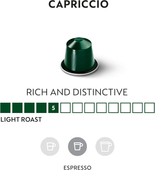 Pack de 50 cápsulas de café Nespresso Original Capriccio. Un espresso equilibrado y rico en aromas, de intensidad 5, compatible con todas las cafeteras Nespresso Original. Nespresso - pack