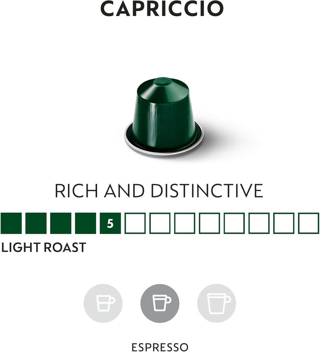 Pack de 50 cápsulas de café Nespresso Original Capriccio. Un espresso equilibrado y rico en aromas, de intensidad 5, compatible con todas las cafeteras Nespresso Original. Nespresso - pack