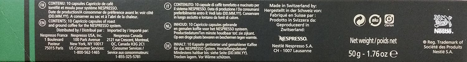 Pack de 50 cápsulas de café Nespresso Original Capriccio. Un espresso equilibrado y rico en aromas, de intensidad 5, compatible con todas las cafeteras Nespresso Original. Nespresso - presentacion