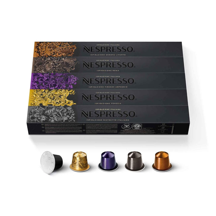 Pack de 50 Cápsulas de Café Nespresso OriginalLine Surtido Italiano. Incluye 10x Venezia, 10x Ristretto Italiano, 10x Arpeggio, 10x Roma y 10x Livanto, una selección para todos los gustos. Nespresso - frontal