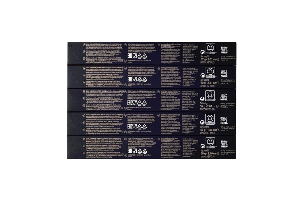 Pack de 50 Cápsulas de Café Nespresso Variedad Fuerte. Selección de 5 cafés intensos para sistema Original: Napoli, Kazaar, Ristretto, Arpeggio y Roma. Nespresso - detalle