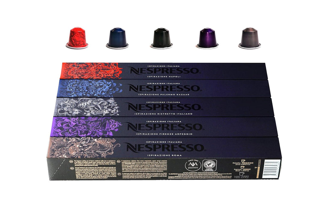 Pack de 50 Cápsulas de Café Nespresso Variedad Fuerte. Selección de 5 cafés intensos para sistema Original: Napoli, Kazaar, Ristretto, Arpeggio y Roma. Nespresso - frontal