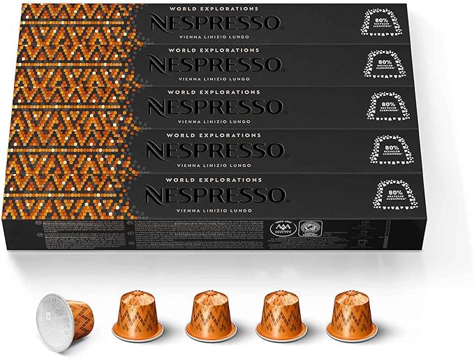 Pack de 50 Cápsulas de Café Nespresso Vienna Lungo (antes Linizio). Café para sistema Original de intensidad 6. Un Lungo suave con notas a malta y cereales. Nespresso - extra