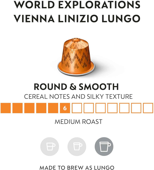 Pack de 50 Cápsulas de Café Nespresso Vienna Lungo (antes Linizio). Café para sistema Original de intensidad 6. Un Lungo suave con notas a malta y cereales. Nespresso - pack