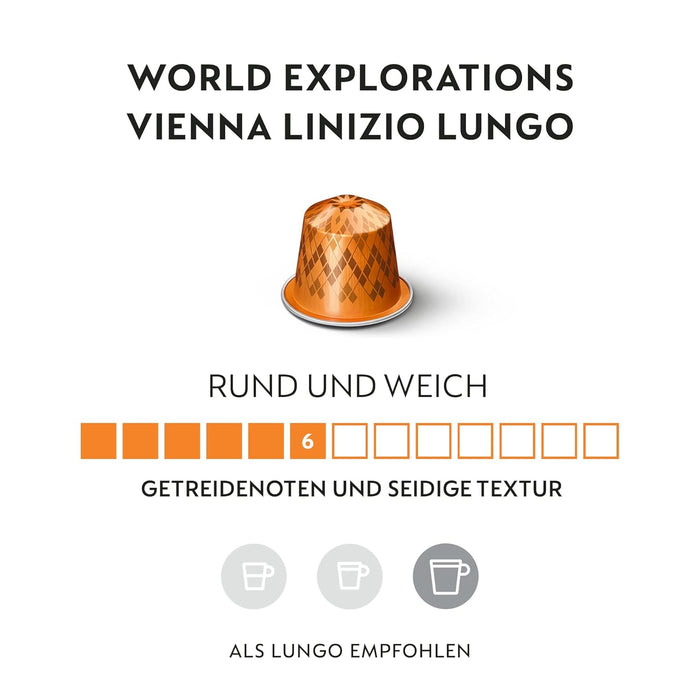 Pack de 50 Cápsulas de Café Nespresso Vienna Lungo (antes Linizio). Café para sistema Original de intensidad 6. Un Lungo suave con notas a malta y cereales. Nespresso - uso