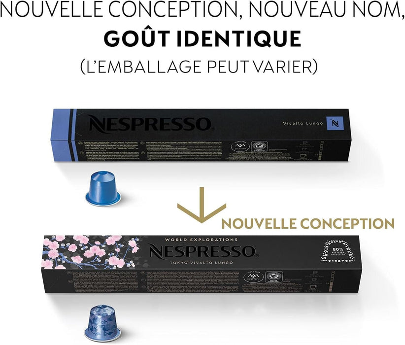 Pack de 50 cápsulas de café Nespresso Vivalto Lungo (5 packs de 10). Una mezcla compleja y equilibrada de Arábicas con notas florales y tostadas. Intensidad 6. Nespresso - presentacion
