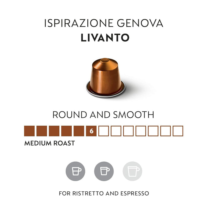 Pack de 50 Cápsulas de Café Nespresso Volluto (antes Livanto). Café 100% Arábica para sistema Original. Tueste ligero con notas dulces y afrutadas, intensidad 4. Nespresso - detalle