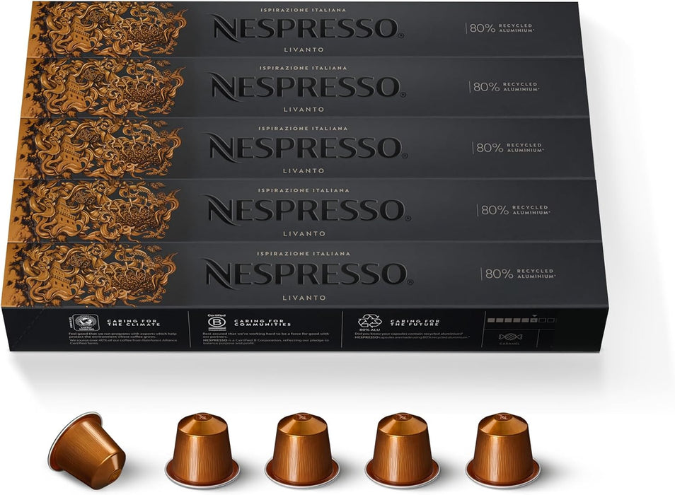 Pack de 50 Cápsulas de Café Nespresso Volluto (antes Livanto). Café 100% Arábica para sistema Original. Tueste ligero con notas dulces y afrutadas, intensidad 4. Nespresso - extra