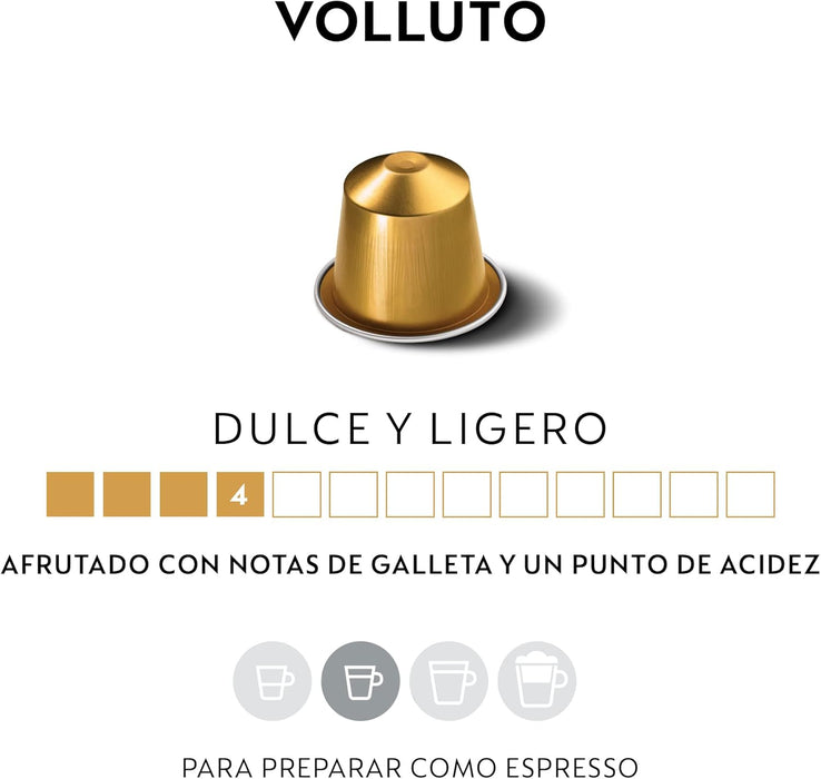 Pack de 50 cápsulas de café Nespresso Volluto. Espresso de tueste ligero con un perfil dulce y afrutado, y notas a galleta. Intensidad suave (4/13). Nespresso - detalle