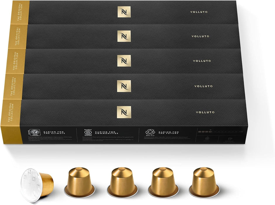 Pack de 50 cápsulas de café Nespresso Volluto. Espresso de tueste ligero con un perfil dulce y afrutado, y notas a galleta. Intensidad suave (4/13). Nespresso - frontal