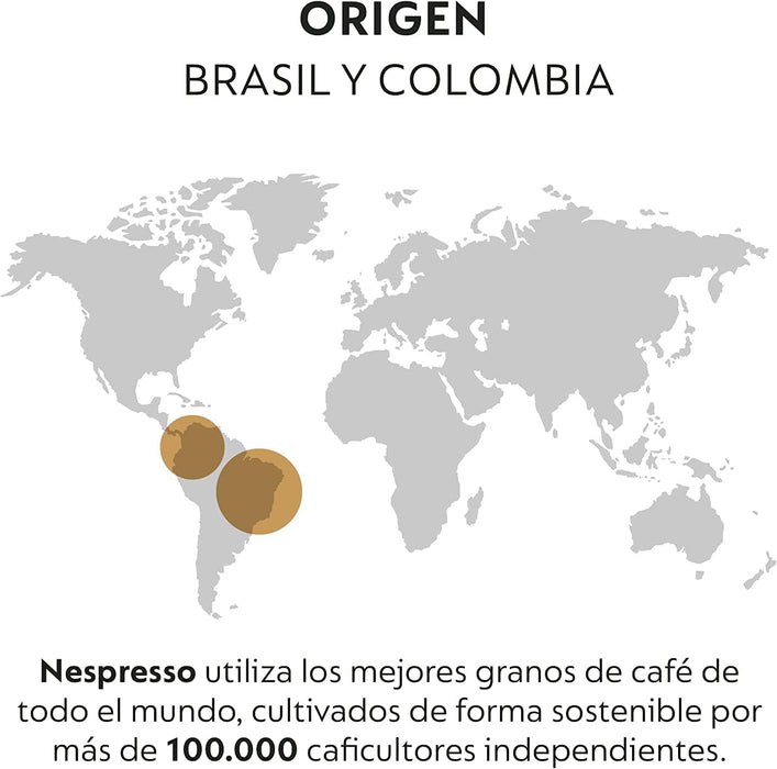 Pack de 50 cápsulas de café Nespresso Volluto. Espresso de tueste ligero con un perfil dulce y afrutado, y notas a galleta. Intensidad suave (4/13). Nespresso - ingredientes