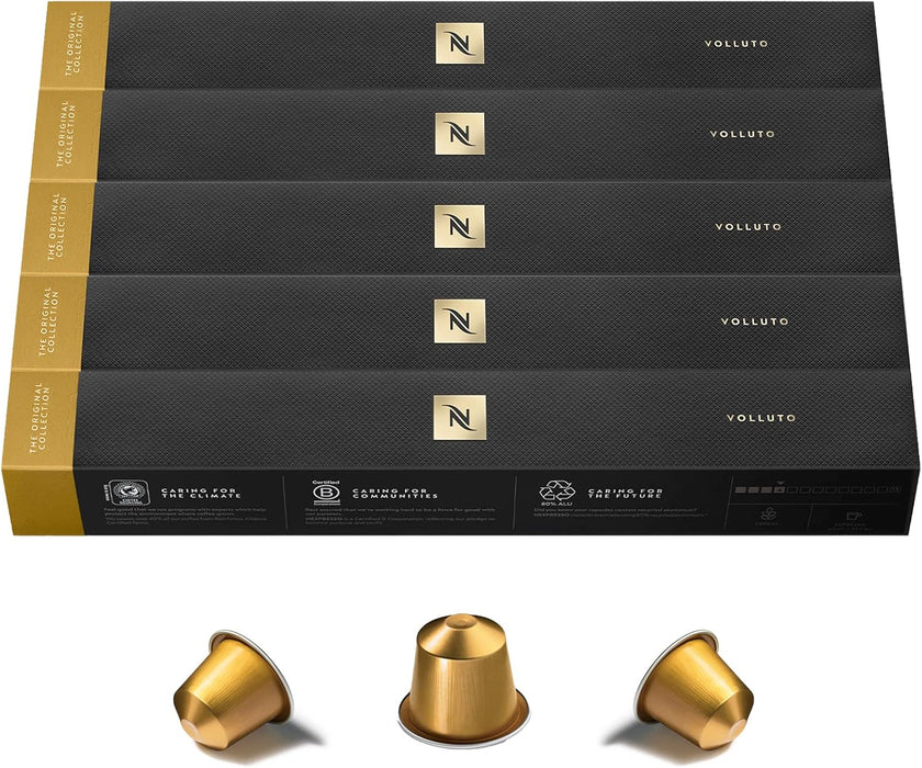 Pack de 50 cápsulas de café Nespresso Volluto. Espresso de tueste ligero con un perfil dulce y afrutado, y notas a galleta. Intensidad suave (4/13). Nespresso - pack