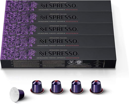 Pack de 50 cápsulas Nespresso Arpeggio Decaffeinato. Disfruta de un café descafeinado intenso y cremoso, con notas de cacao y un cuerpo denso. Intensidad 9. Nespresso - frontal