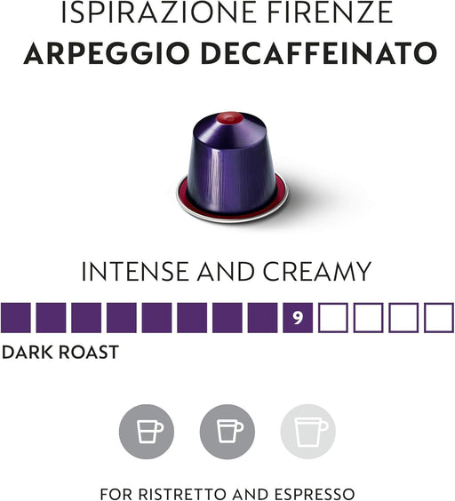Pack de 50 cápsulas Nespresso Arpeggio Decaffeinato. Disfruta de un café descafeinado intenso y cremoso, con notas de cacao y un cuerpo denso. Intensidad 9. Nespresso - pack