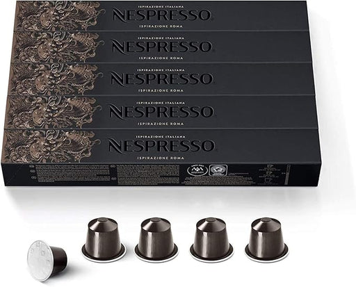 Pack de 50 cápsulas Nespresso Ispirazione Roma Intenso. Café de tueste medio e intensidad 8/13 con notas amaderadas y a tostado. Para cafeteras Nespresso Original Line. Edición Limitada. Nespresso - frontal