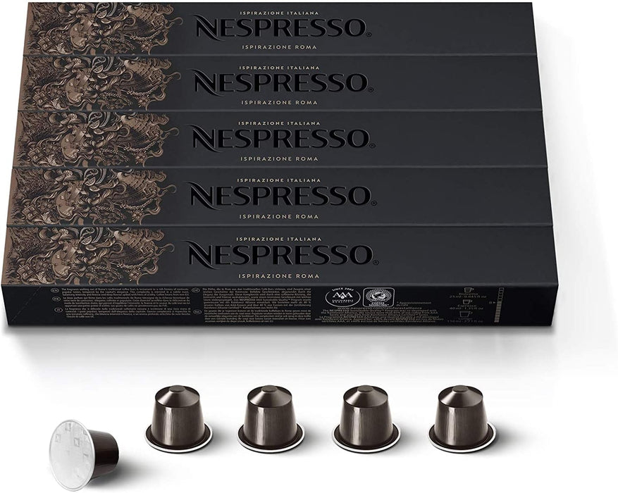 Pack de 50 cápsulas Nespresso Ispirazione Roma Intenso. Café de tueste medio e intensidad 8/13 con notas amaderadas y a tostado. Para cafeteras Nespresso Original Line. Edición Limitada. Nespresso - pack