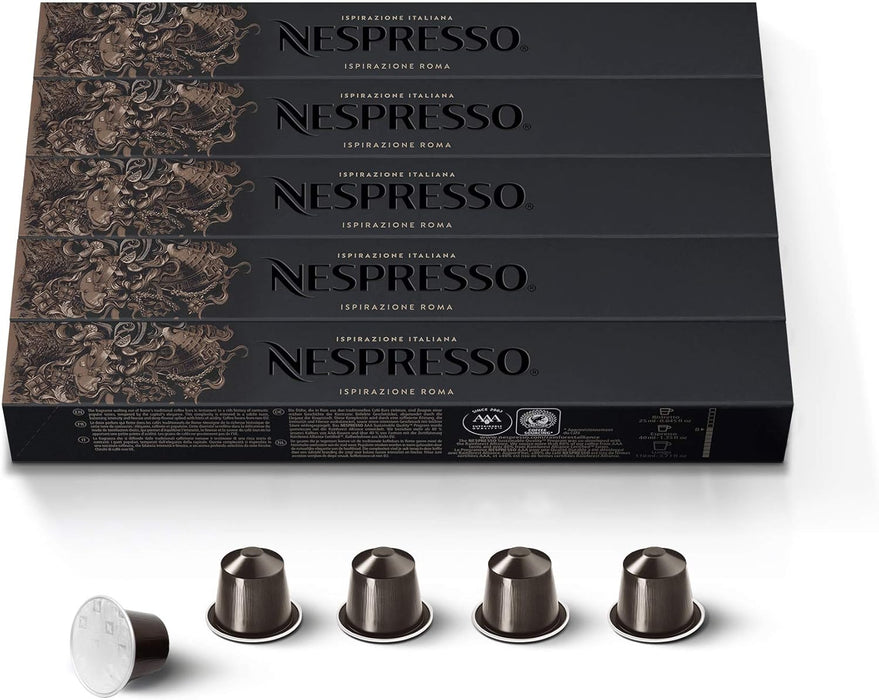 Pack de 50 cápsulas Nespresso Ispirazione Roma Intenso. Café de tueste medio e intensidad 8/13 con notas amaderadas y a tostado. Para cafeteras Nespresso Original Line. Edición Limitada. Nespresso - zoom
