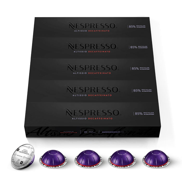 Pack de 50 Cápsulas Nespresso Vertuo Altissio Decaffeinato. Un café descafeinado de intensidad 9 para un espresso (40 ml) cremoso y con cuerpo, compatible solo con cafeteras Vertuo. Nespresso - frontal