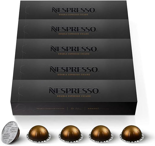 Pack de 50 Cápsulas Nespresso Vertuo Chiaro. Un café Double Espresso (80 ml) de intensidad 8, diseñado para combinar con leche y revelar notas de caramelo y galleta. Nespresso - frontal