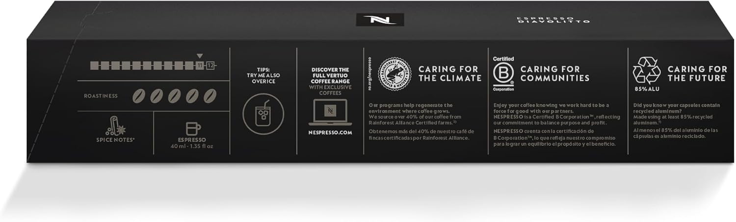 Pack de 50 Cápsulas Nespresso Vertuo Diavolitto. Un café espresso (40 ml) de tueste oscuro e intensidad 11, solo compatible con el sistema de cafeteras Nespresso Vertuo. Nespresso - detalle