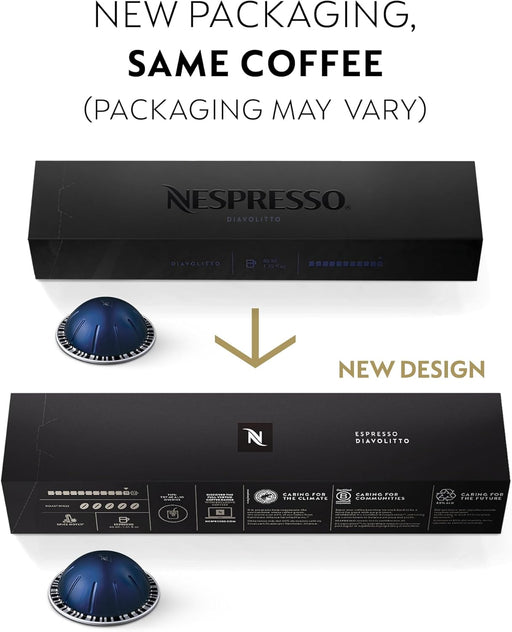 Pack de 50 Cápsulas Nespresso Vertuo Diavolitto. Un café espresso (40 ml) de tueste oscuro e intensidad 11, solo compatible con el sistema de cafeteras Nespresso Vertuo. Nespresso - pack