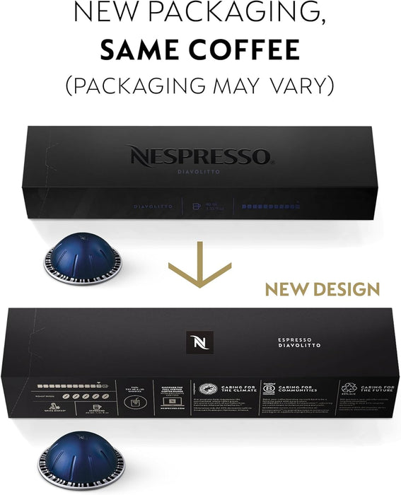 Pack de 50 Cápsulas Nespresso Vertuo Diavolitto. Un café espresso (40 ml) de tueste oscuro e intensidad 11, solo compatible con el sistema de cafeteras Nespresso Vertuo. Nespresso - pack